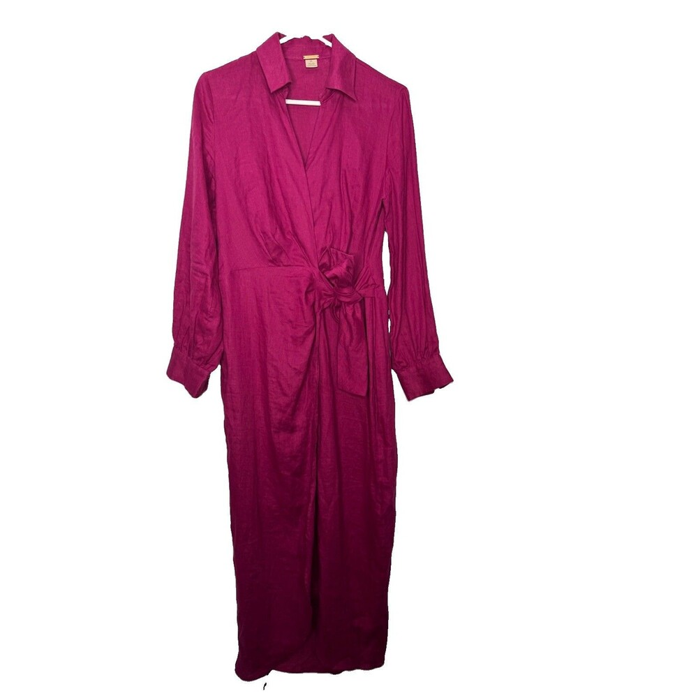 Magaschoni Linen Dress Womens 10 Magenta Wrap Maxi Long Sleeve V-Neck Tie